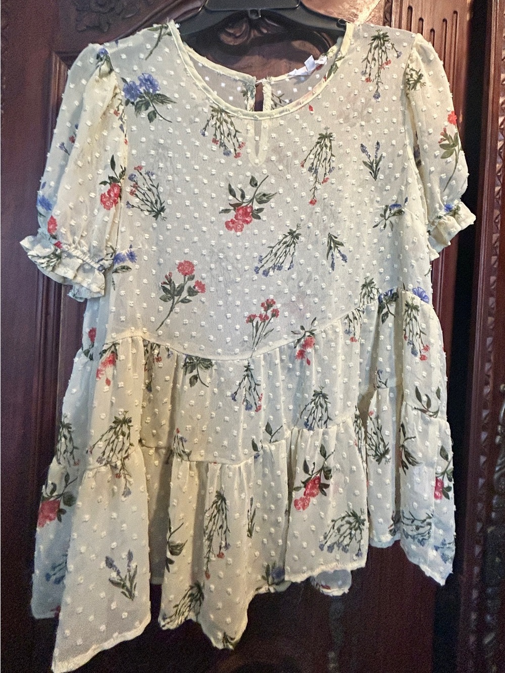 Women's Floral Swiss Dot chiffon Tiered Blouse - Cream Floral